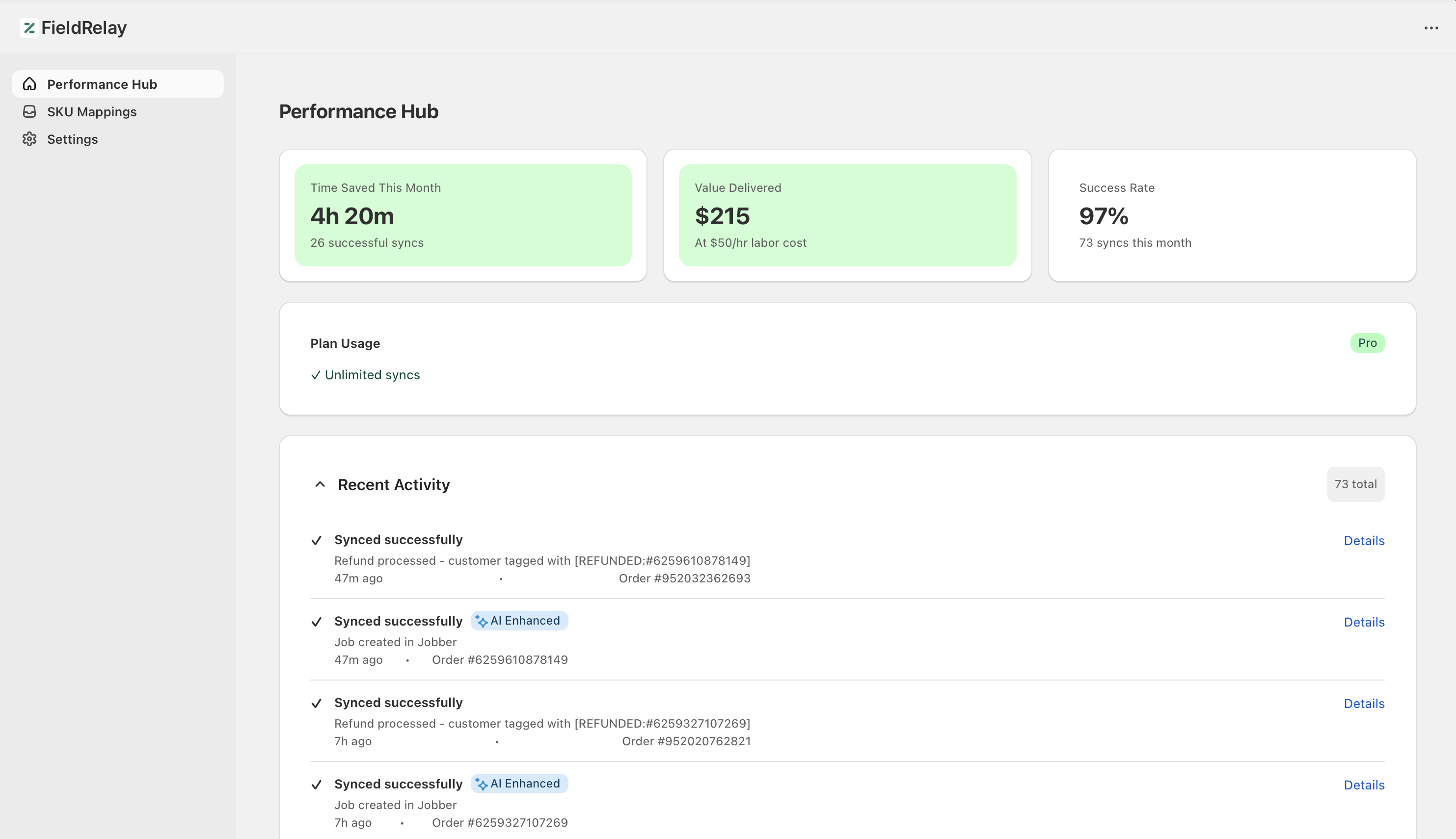 FieldRelay Sync Activity dashboard showing real-time sync logs, success rates, and order processing status