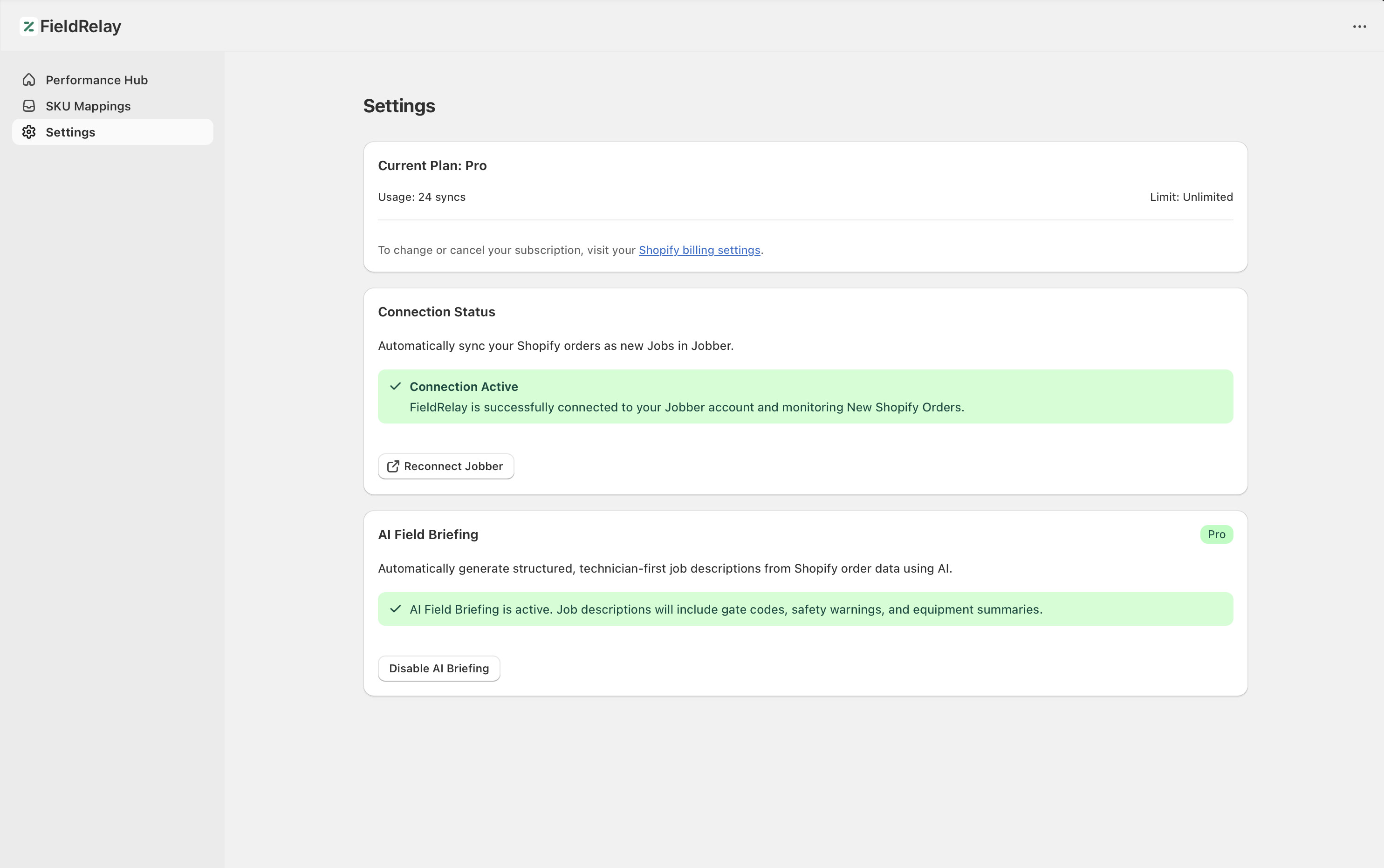 FieldRelay settings page showing Jobber OAuth connection status and sync configuration